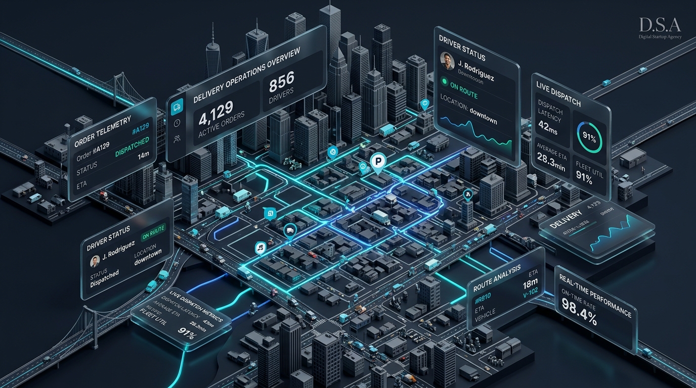 Real-time dispatch dashboard and route logistics for custom on-demand delivery platform
