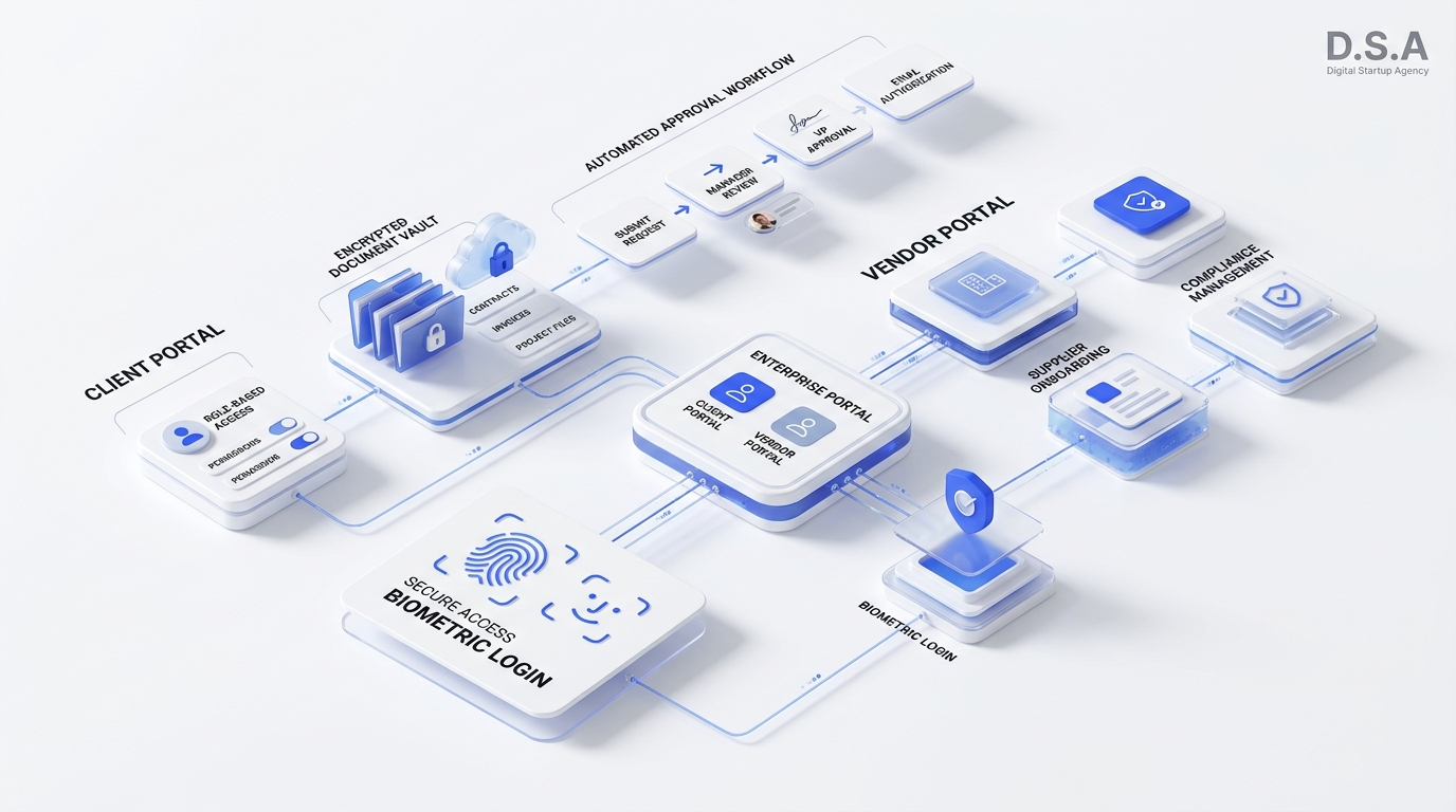 Clean white studio visualization of enterprise B2B client and vendor portal architecture by Digital Startup Agency